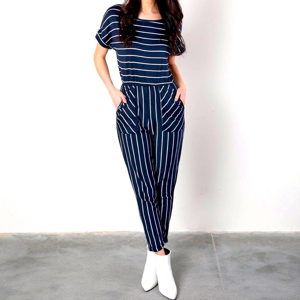 Buckle black knit striped jumpsuit women’s small